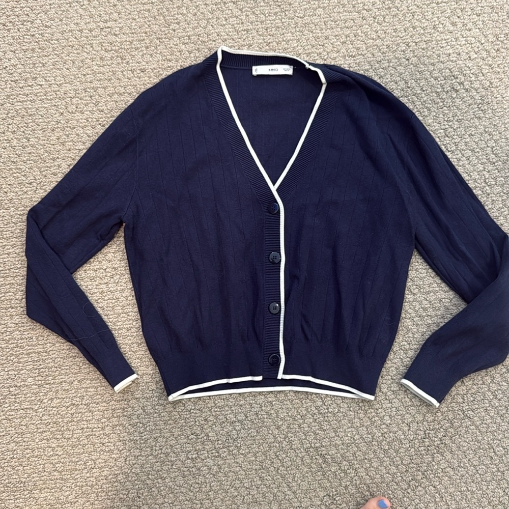 Mango navy cardigan with white detailing. Size M.